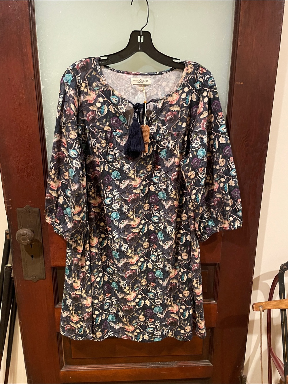 NATURAL LIFE Navy Floral Long Sleeve Tunic Dress with Teal & Pink Accents